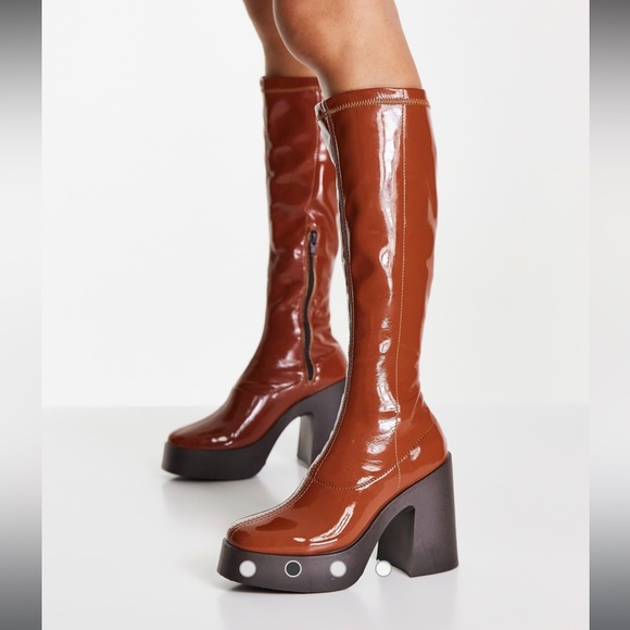 ASOS Shoes - ASOS DESIGN chunky high-heeled knee boots in brown patent